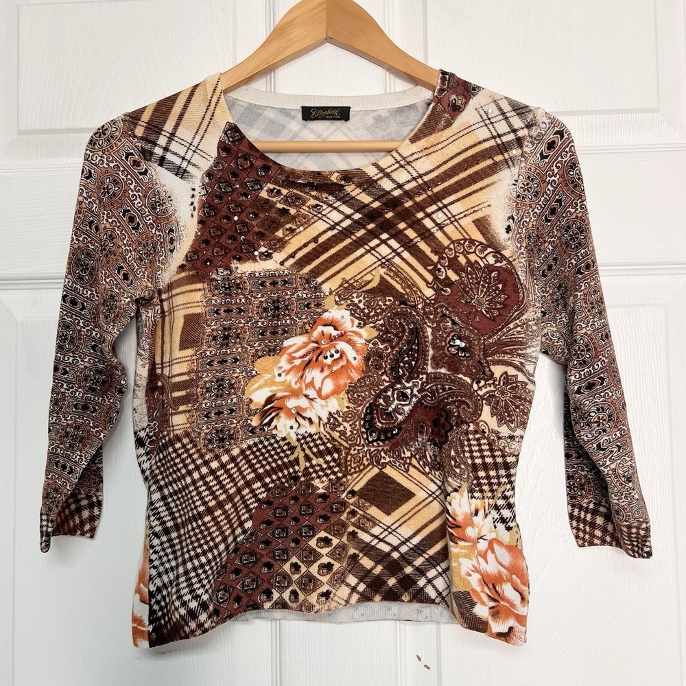 Y2K Elizabeth Womens Small  Brown Plaid Geometric Floral 3/4 Sleeve 90s Boho